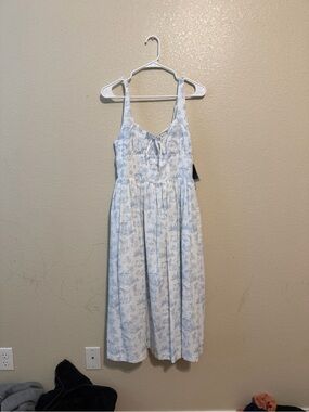Celebrity Pink White and Light Blue Floral Midi Dress with Tie Front